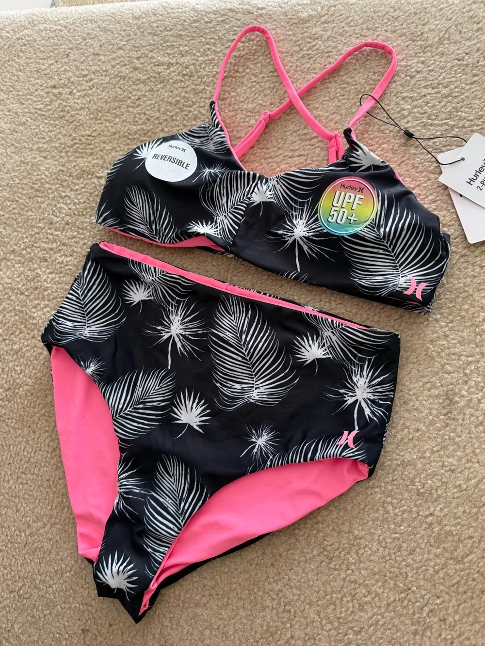 NWT Girls Hurley Reversible Palm Print Bikini Set - Black & Hot Pink